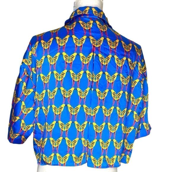 ZARA Wm’s XS Blue Satin Yellow Bird
Print Cropped Button Down Top Blouse - Picture 2 of 4